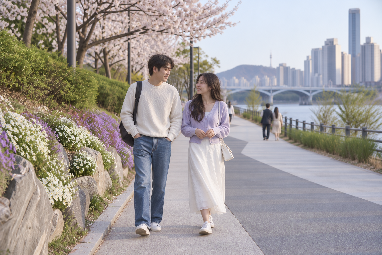 꽃이 핀 산책길에서 서로 바라보며 걷는 두 사람