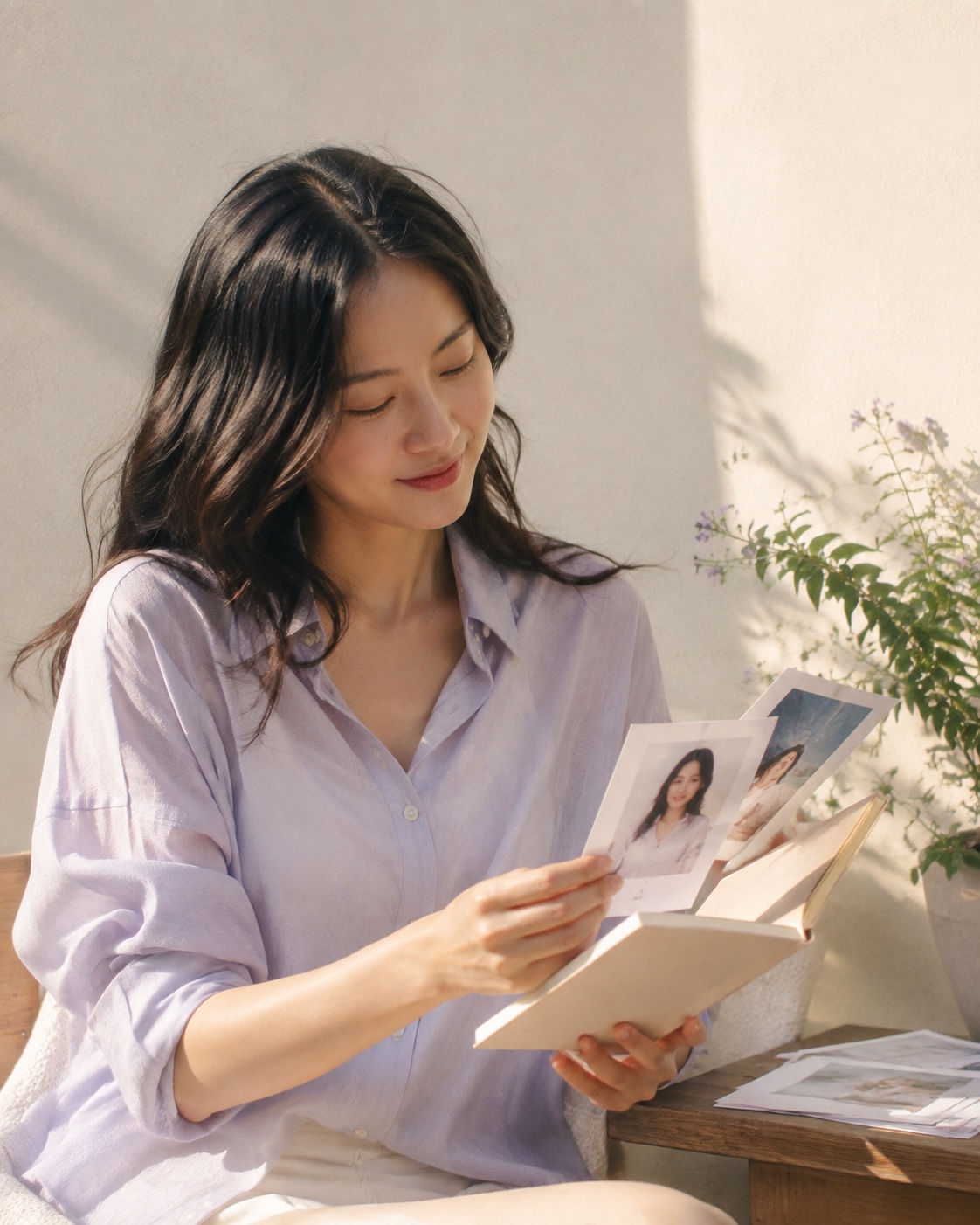 자연광 아래에서 자신의 사진을 살펴보는 여성 회원