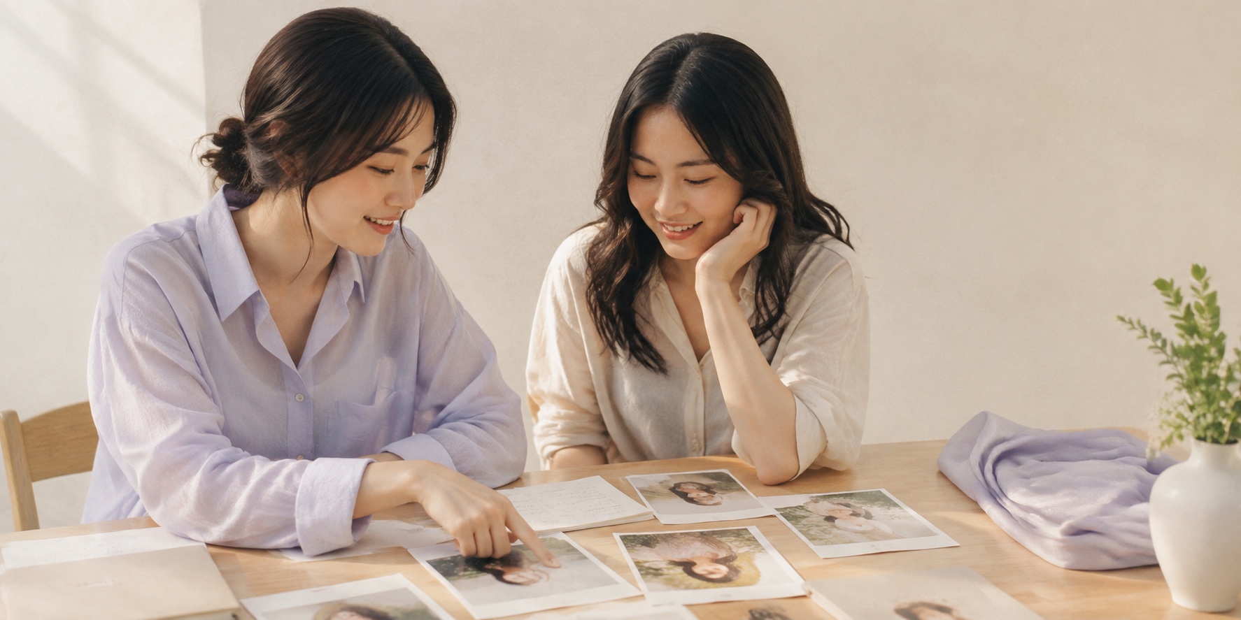 여성 회원의 프로필 사진을 함께 살펴보는 상담 장면